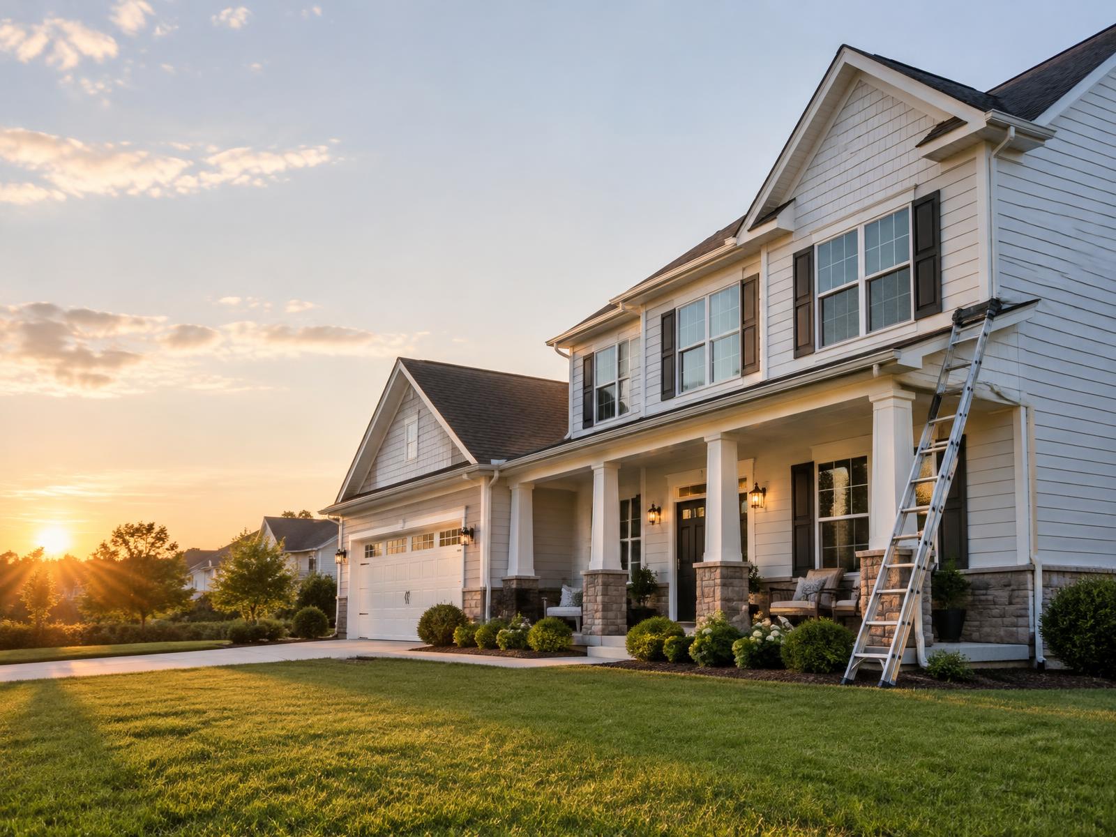 Suburban home with a contractor's ladder against the porch at sunset